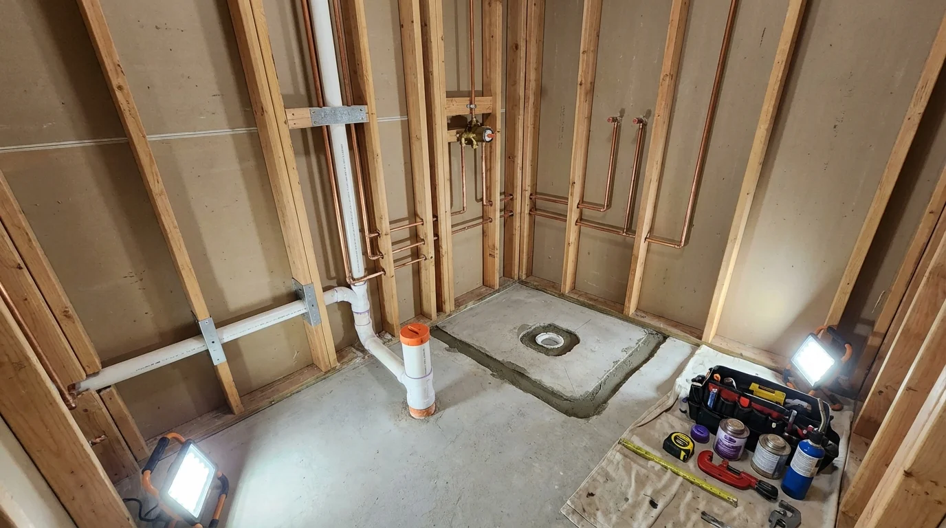 Bathroom rough-in plumbing during remodel by Johns Plumbing LLC in East Falmouth