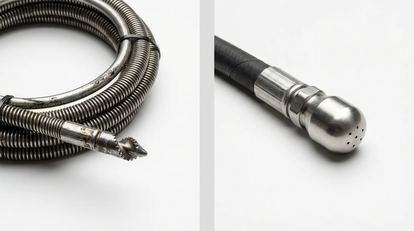 Drain snake cable and hydro jetting nozzle used for drain cleaning in East Falmouth, MA