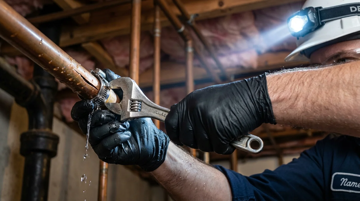 Emergency pipe clamp repair being performed by a Johns Plumbing LLC plumber in East Falmouth