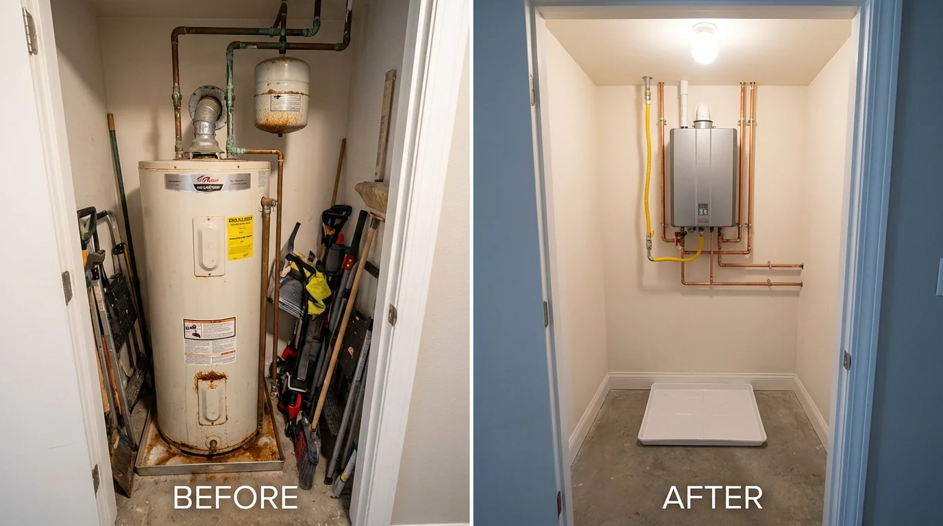 Tank water heater versus wall-mounted tankless unit comparison for East Falmouth, MA homeowners