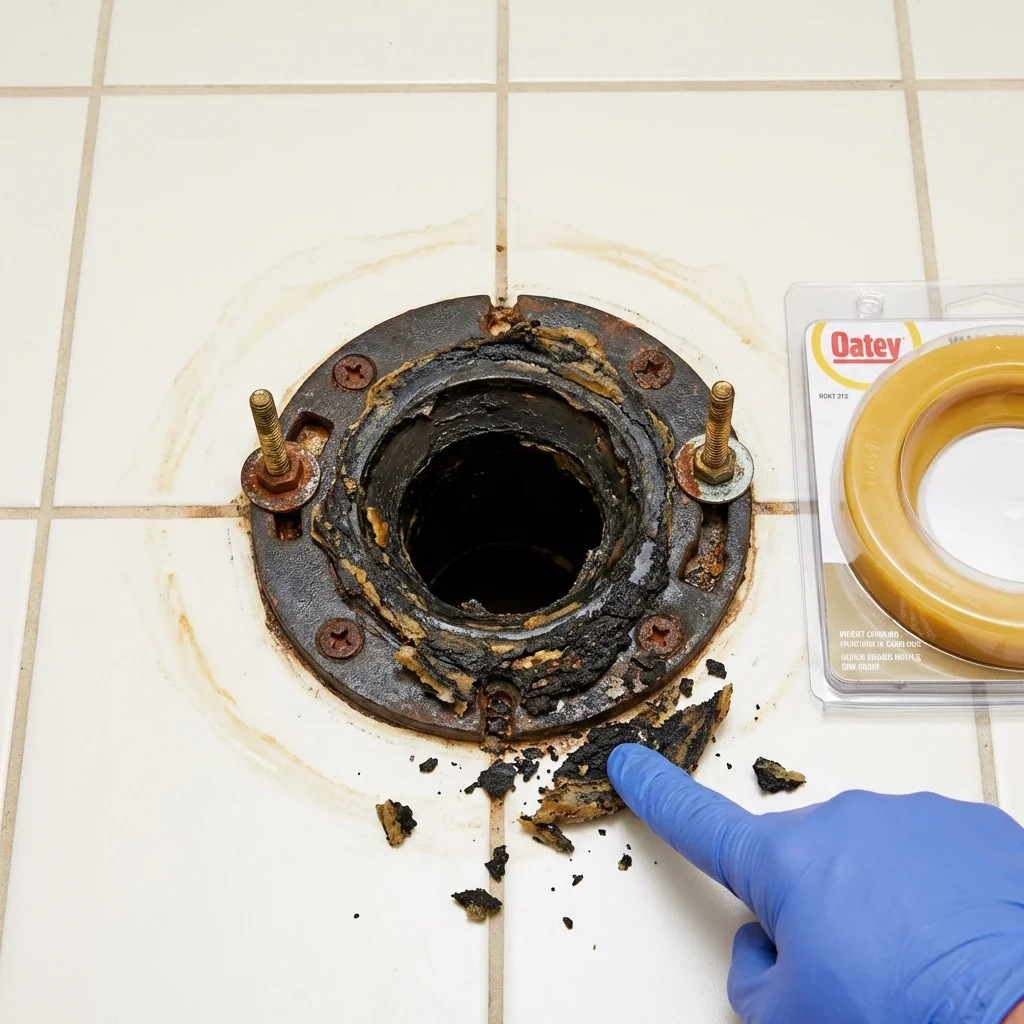 Failed wax ring showing water seepage at the base of a toilet in a East Falmouth, MA home
