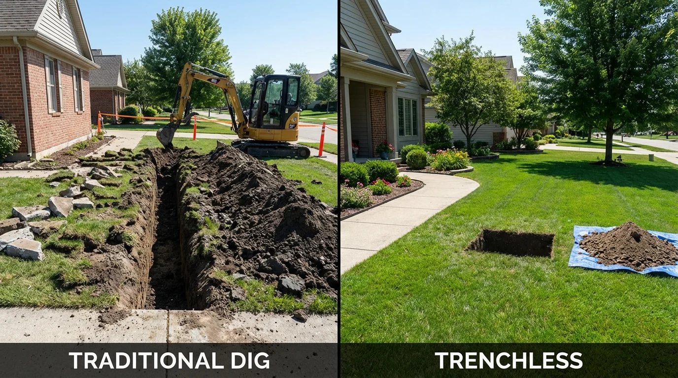 Trenchless sewer repair with minimal yard damage versus traditional excavation in East Falmouth, MA
