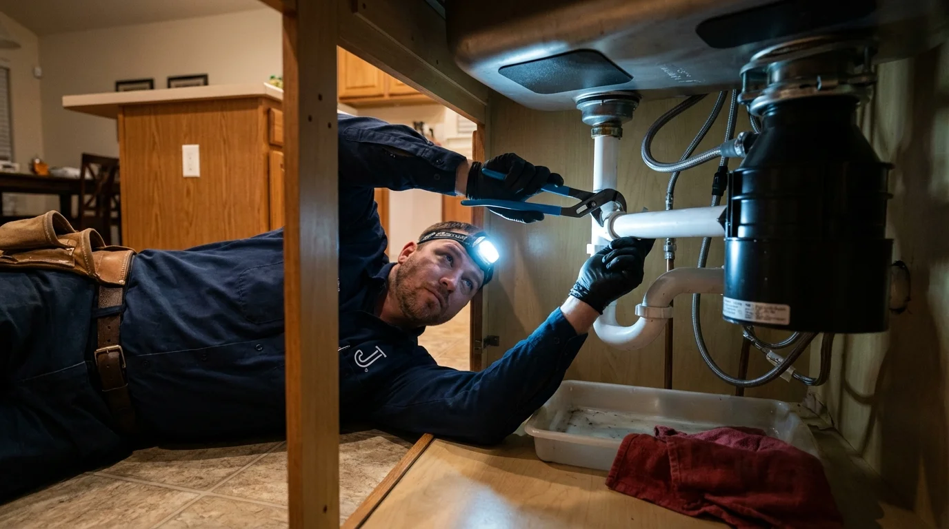 P-trap and supply line connections under a kitchen sink showing a common leak point in East Falmouth, MA